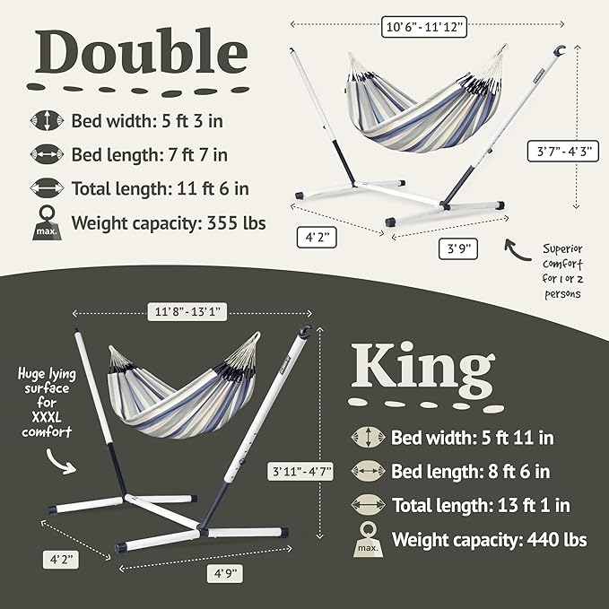 LA SIESTA® - Large Double Brisa Classic Hammock &amp Nautico Steel Stand - Weather &amp Tear Resistant Portable Hammock w/Stand - Balcony Porch Garden Outdoor Indoor Hammock - 2-Person Max 355 Lbs