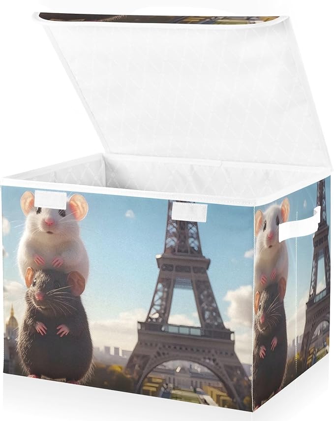 Storage Cube with Lid Mouse Eiffel Print 16.5×12.6×11.8 IN Collapsible Large Capacity Foldable Storage Basket Bin Organizer