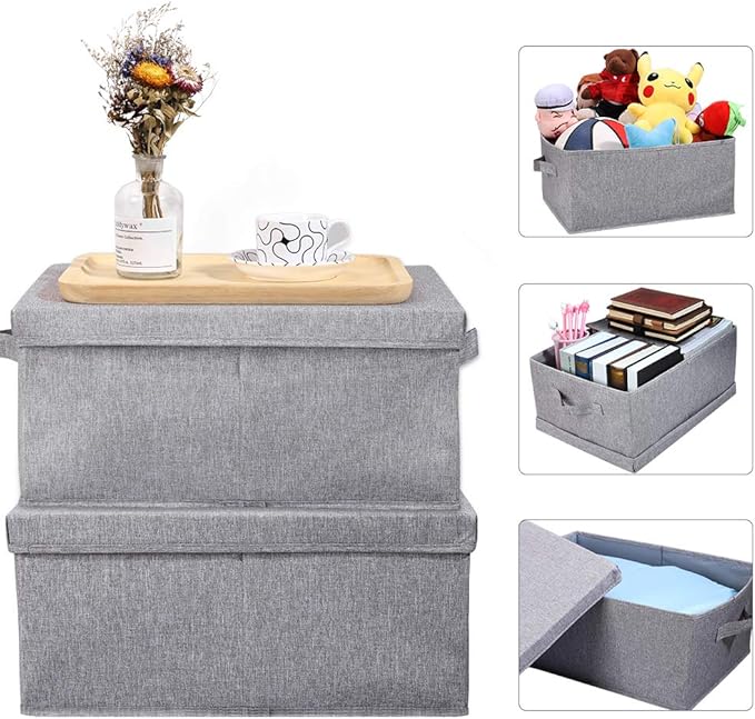 HOONEX Linen Foldable Storage Bins with Lids 2 Pack Storage Boxes with Carrying Handles and Sturdy Heavy Cardboard 16.5 L x 11.8 W x 7.5 H for Shoes Books Clothes Light Grey