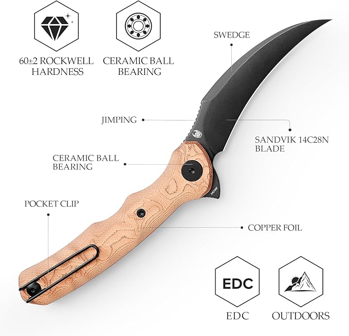 TRIVISA EDC Pocket Pikal Knife for Men Hawkbill Folding Flipper Knife with Clip3.34 14C28N Steel BladeCopper Foil HandleOutdoor Camping Lacerta-CU