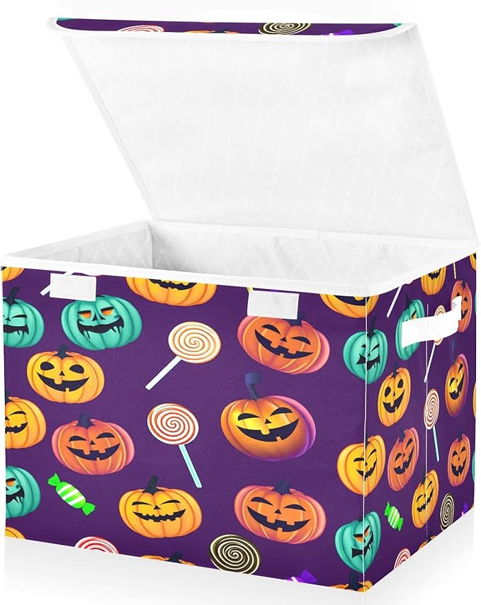 Halloween Storage Baskets with Lids Colorful Halloween Pumpkin Collapsible Bins Stackable Fabric Linen Baskets Closet Organizer Container 16.5x12.6x11.8