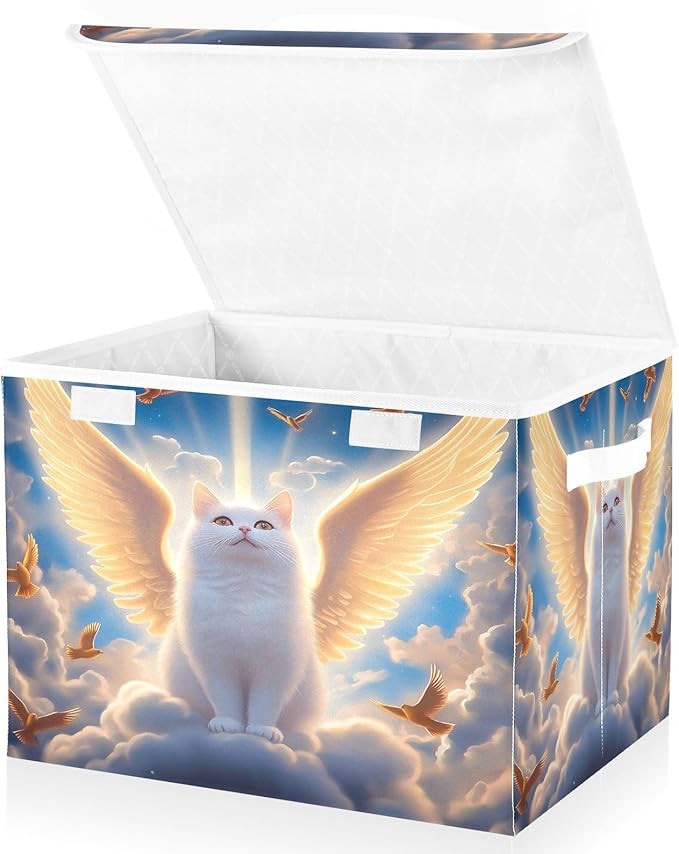 White Cat Wings Clouds Birds Storage Bins with Lids Foldable Storage Boxes Cube Closet Storage Baskets Container Organizers for Home Bedroom Office