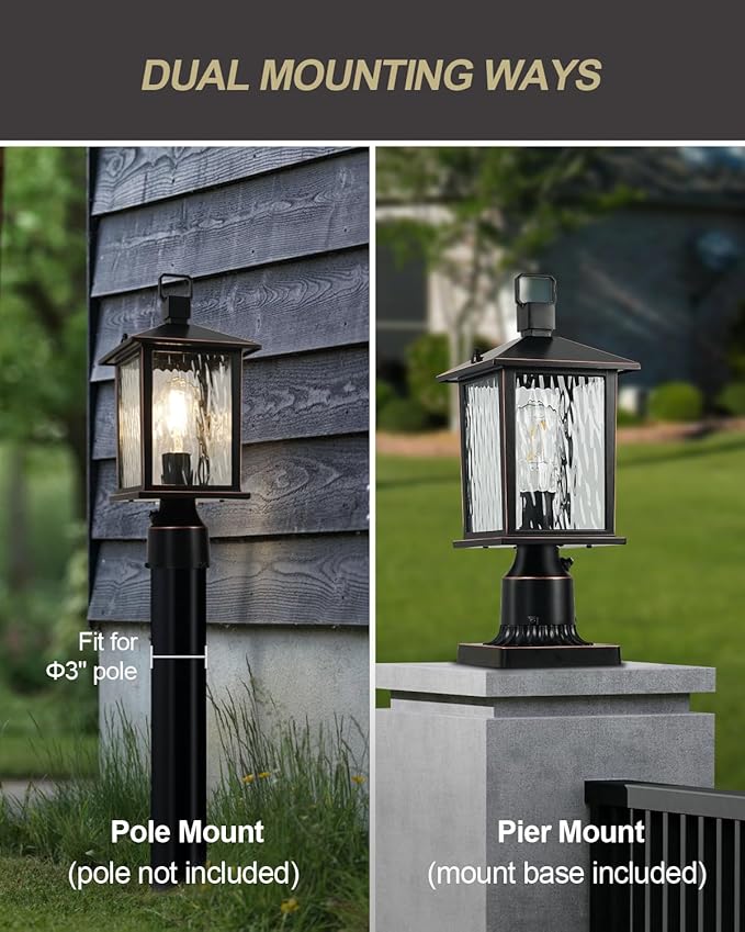 Dusk to Dawn Outdoor Post Light Hardwired Oil-Rubbed Bronze Pole Lantern with Pier Mount Base Water Ripple Glass 17'' Waterproof Lamp Post Light Fixture for Driveway Pathway Yard