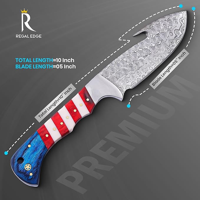 10 Damascus Hunting Knife with Gut Hook Fixed Blade Knife with Sheath American Flag Handle Full Tang Fixed Blade Knife Tactical Survival Knife for Men Damascus Steel Knives Camping Outdoor Field