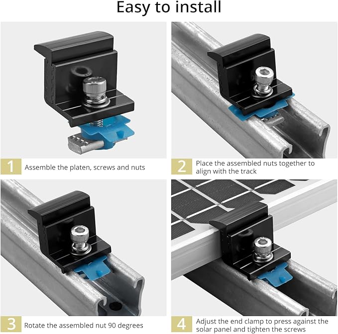 Anbte 10pcs Adjustable Solar Panel End Clamp for Unistrut 30-50mm Aluminum Solar Panel Mounting Brackets with Nuts Bolts and Wrench for Metal Roof Tin Roof Flat Roof Sheet Roof RV Black
