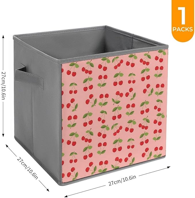 Fabric Cube Storage Bins with Handles Pink Cherry Fruit Theme Cherries Foldable Collapsible Organizer for Shelving Units Decorative Box for Living Room &amp Bedroom Decor