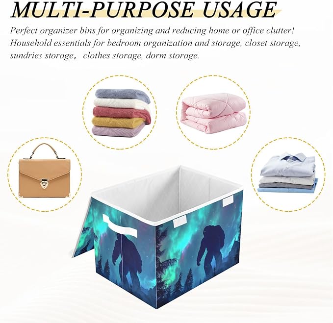 Storage Cube with Lid Aurora Sasquatch Print 16.5×12.6×11.8 IN Collapsible Large Capacity Foldable Storage Basket Bin Organizer
