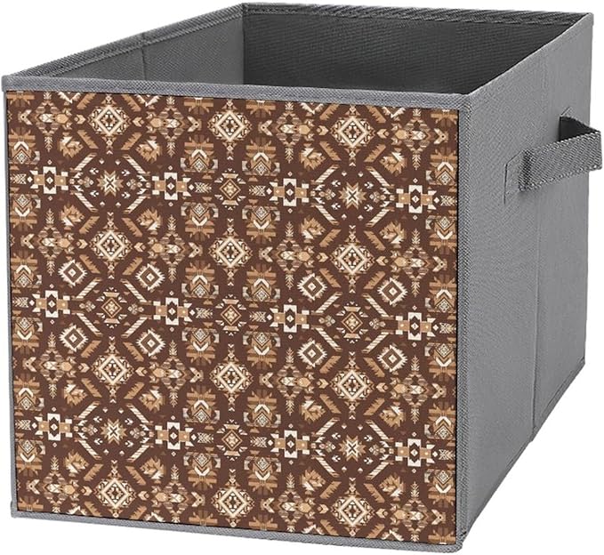 Space-Saving Fabric Storage Cubes Aztec Native American Southwestern Boho Brown Collapsible Baskets with Handles Stylish Storage Solution for Home
