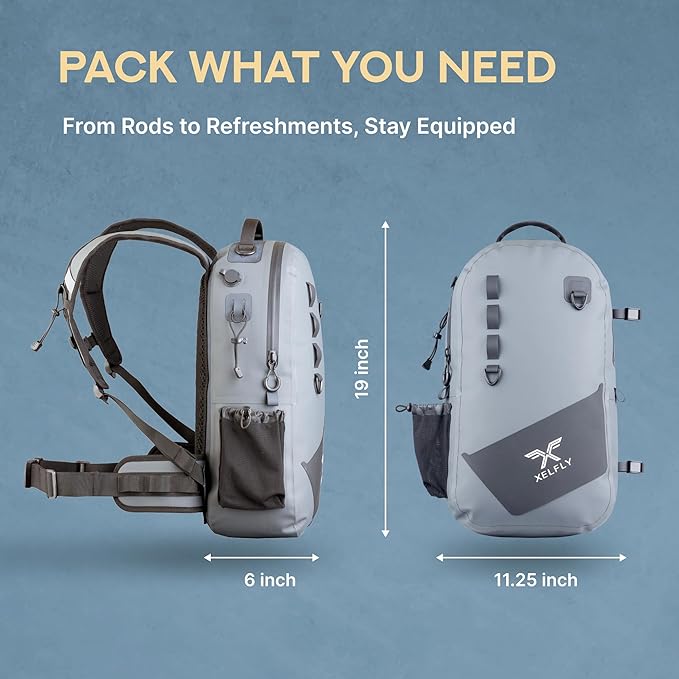 Waterproof Fishing Backpack with Rod Holder Inflatable Air Valve Padded Waist Straps &amp Gear Loops - Submersible Zipper Rugged Top Handle Adjustable Attachments (Blue)