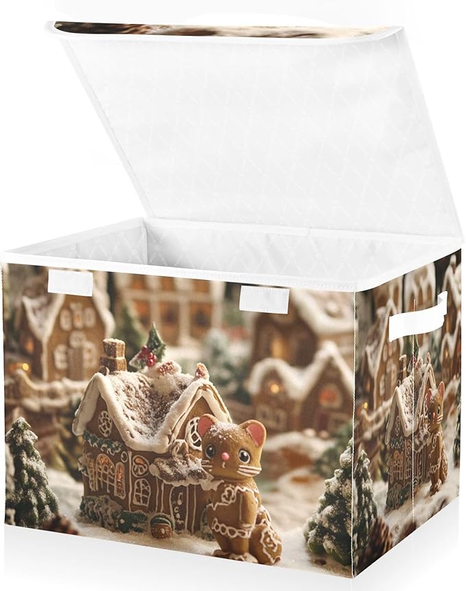 Collapsible Storage Bins with Lids Decorative Fabric Storage Cubes Closet Organizer and Storage Basket Boxes Containers for Clothes Box Chest Nursery Folding Rectangle Cute Christmas Gingerbr
