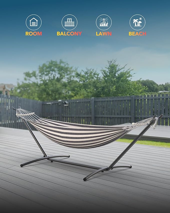 Everyfun Hammock with Heavy-Duty Steel StandPortableEasy Assembly600lbs Weight CapacitySuit for IndoorYardCampingor OutdoorBlack White