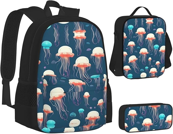 3pcs Backpack Sets Jellyfish Pattern Printed Backpacks Set With Lunch Bag Pencil Pouch