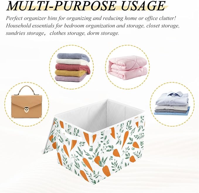White Carrots Easter Storage Box with Lid 1 PC Foldable Storage Bin with Lids Stackable Storage Bins Cube Closet Organizer Basket with Flip-Top Lid &amp Handles for Shoes Books Towels