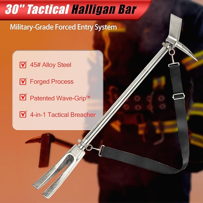 30 Halligan Bar Firefighter Tool with Shoulder Strap - Forged Steel One-Piece Construction | Fork Gap Design