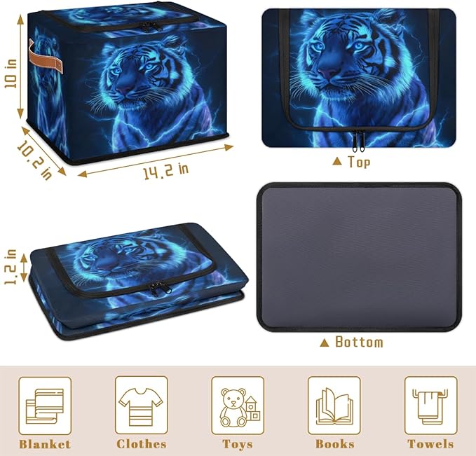 Blue Tiger Storage Box with Lid Cool Powerful Animals Collapsible Storage Bins Baskets Cubes Closet Shelf Clothes Organizer Containers with PU Leather Handles