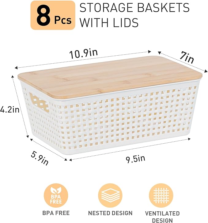 Storage Bins with Lids 8 Packs Plastic Storage Bins with Bamboo Lids for Pantry Organization and Storage Containers for Shelves Drawers Desktop Closet Playroom Classroom Office Home White