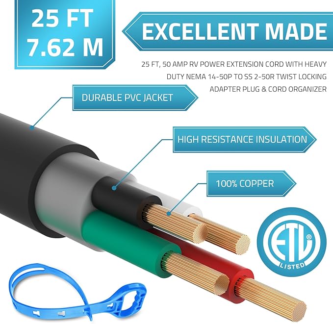 PAULINN Generator Cord 50 Amp 25FT &amp Power Inlet Box NEMA 14-50P/SS2-50R Twist Lock Extension Cord with NEMA SS2-50P Generator Inlet ETL Listed Weatherproof Emergency Power Combo Kit