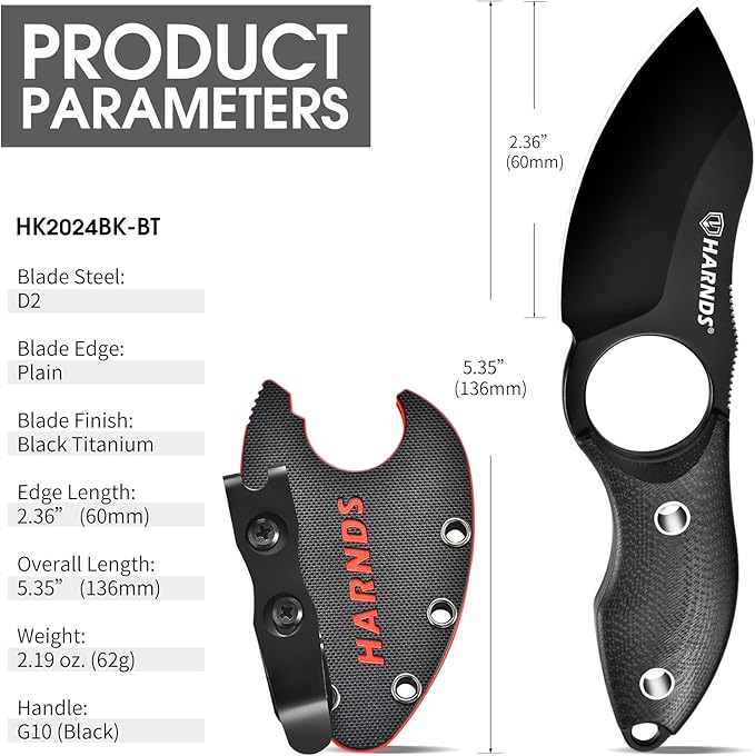 Harnds Small Fixed Blade Knife Full Tang Neck Camping Knife EDC with D2 Steel Blade and G10 Handle for Fishing and Skinning Eggplant