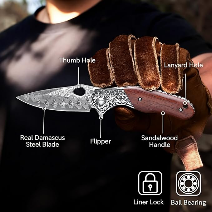 Damascus Pocket Knife for Men Wooden Handle and Sharp Damascus Steel Blade Folding Knives EDC Knifes for Outdoor Camping Hiking Collection