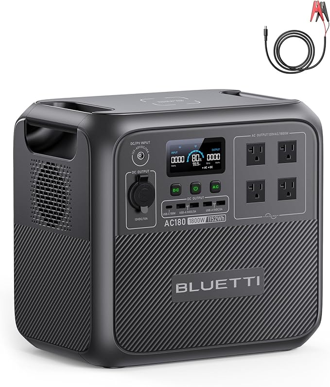 BLUETTI AC180 Portable Power Station 1152Wh Solar Generator w/ 4 1800W (2700W Peak) AC Outlets 0-80% in 45 Min LiFePO4 Battery Backup for Camping (Acid to DC7909 Cable Included)
