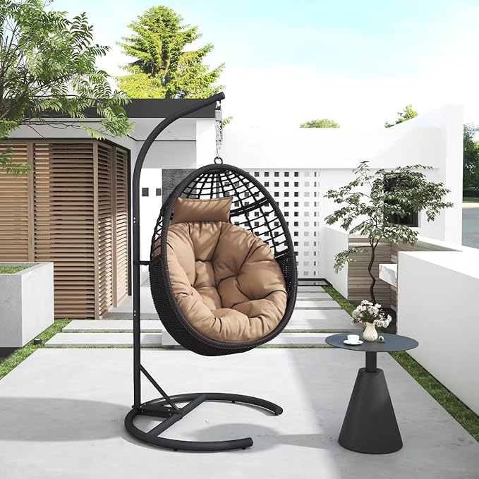 Hanging Egg Chair Hammock with Stand Wicker Rattan for Indoor Outdoor Patio Bedroom Swing with Steel Frame and Soft Cushion