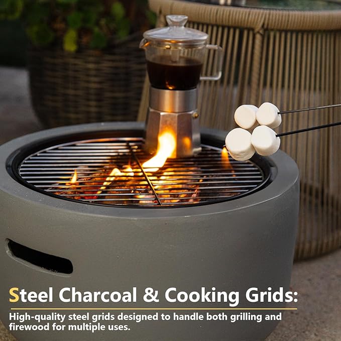 Barton 18 Round Concrete Charcoal Wood Burning Fire Pit Magnesium Oxide Spark Screen Fireplace Poker Grate BBQ Grill Firepit Charcoal Grill