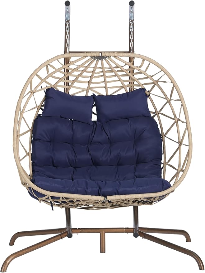 KEIKI Double Swing Egg Chair with Stand Patio Rattan Wicker Hammock Egg Chair with UV Cushion 2 Person Outdoor Indoor Hanging Basket Chair 600LBS Capacity for Balcony Dark Blue and Khaki