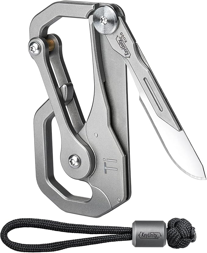 KeyUnity KU00 Titanium Quickdraw Carabiner with Folding Knife B Shaped EDC Multifunctional Keychain with 2 Inch Ruler Palm Sized Lightweight Stainless Body Perfect for Home/Office/Camping