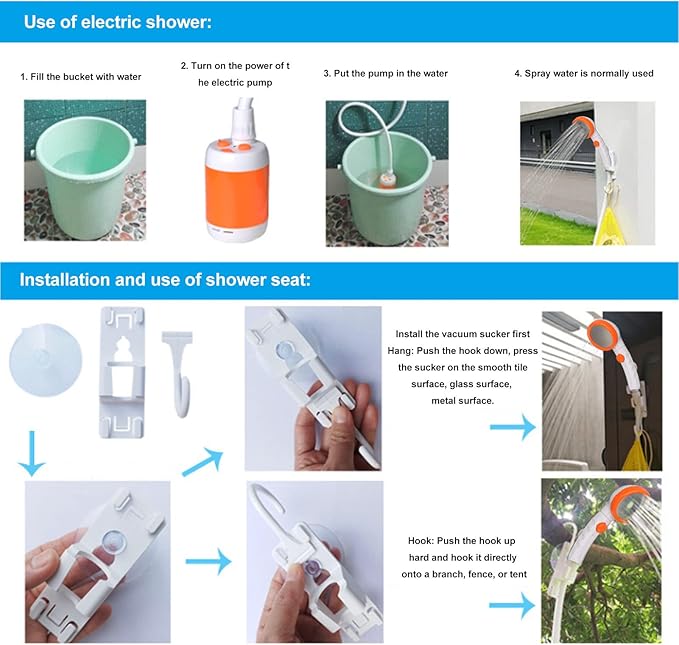 Gavigain Portable Outdoor Shower Electric Shower Outdoor Shower Pump Stainless Steel PVC 3 Gear Electric Camping Shower Pump for Hiking Backpacking Camping Travel Beach Pet (Orange White)
