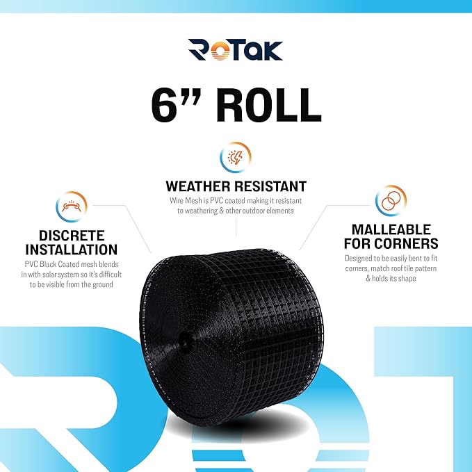 ROTAK Critter Guard - 6in x 100ft Solar Panel Bird Guard with Fastener Clips - Galvanized Black PVC Coated ½ inch Wire Roll Mesh (6 x 100' with 60 Fastener Clips)