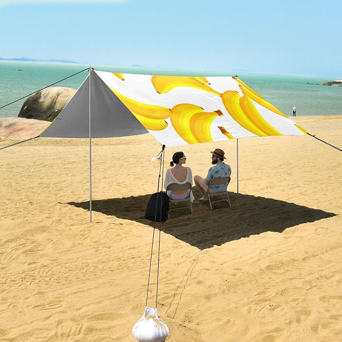 xigua Banana Beach Tent Sun Shelter with Carrying Bag - Silver Coated Oxford Fabric Beach Canopy for Beach Camping Fishing - Includes Windproof Ropes Sandbags &amp Stakes