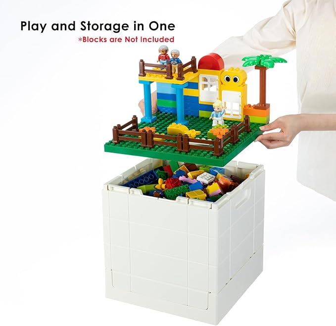 SHIMOYAMA Collapsible Storage Box with Large Building Base for Duplo Blocks 26 Qt. Foldable Storage Bin (Dark Green)