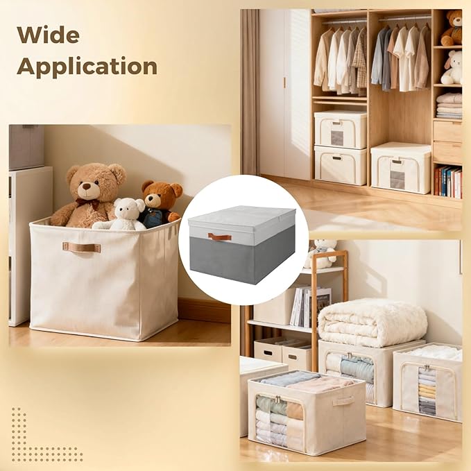 4 PCS EXTRA Large Blanket Storage Baskets with Lids 22 x 16.7 x 11.8 in Decorative Storage Bins with Double-Open Lid Fabric Bins with Handles Stackable Storage Cubes for Shelf Laundry Room Nursery