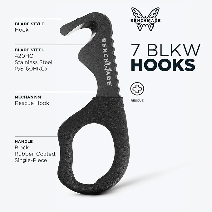 Benchmade - Hook Safety Cutter for Rescue and Tactical Use with Black Rubber Dipped Handle (7 BLKW)