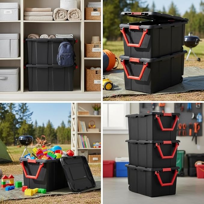 40 Gallon Extra Large Rolling Storage Bins 2-Pack Black Heavy-Duty Plastic with Pivoting Handle &amp Leak-Resistant Lid for Garage Warehouse Industrial Storage