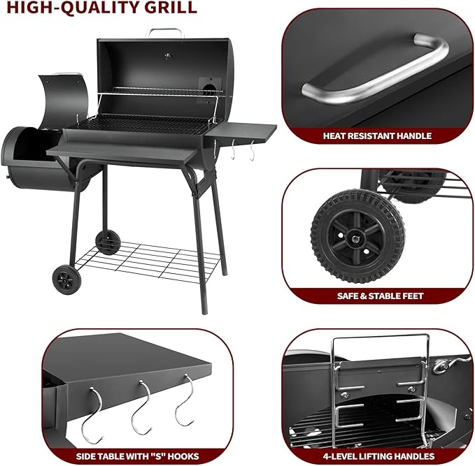Charcoal Grill with Offset SmokerBBQ Grills with Side TableOutdoor Cooking with 714 Square InchesBackyard Camping Picnics Patio and Parties Black by DNKMOR