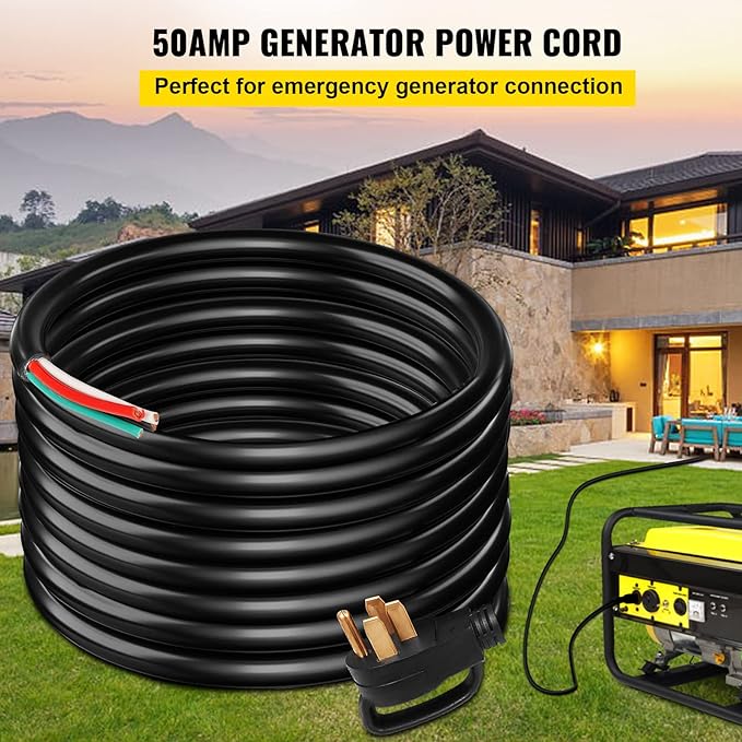 VEVOR 30 ft 50A RV Power Cord 6/3 + 8/1 AWG Generator Cable with NEMA 14-50P to Bare Wire Heavy-Duty Flexible for RV Camper and Outdoor Generator Connections