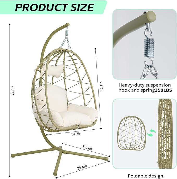 Hanging Egg Chair with Stand Outdoor Indoor Patio Rattan Swing Hammock Chairs with Washable Cushion PE Wicker Swing Chair for Backyard Bedroom Garden (Cyan + White Cushion No Footrest)