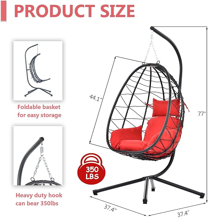 Hanging Egg Chair with Stand Black Wicker Rattan Swing Egg Chair Indoor Outdoor Swing Chair for Patio Balcony Porch Bedroom 350 LBS Capacity (Red)