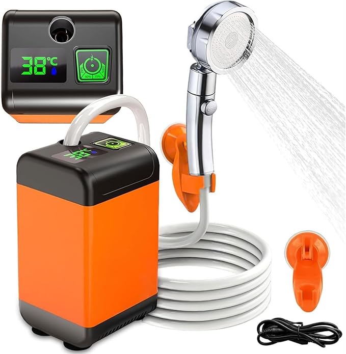Portable Electric Camping Shower with 3 Speed Adjustable Handheld Outdoor Shower with LED Display 7800mAh Rechargeable Battery Last 180 Minsfor Travel Hiking