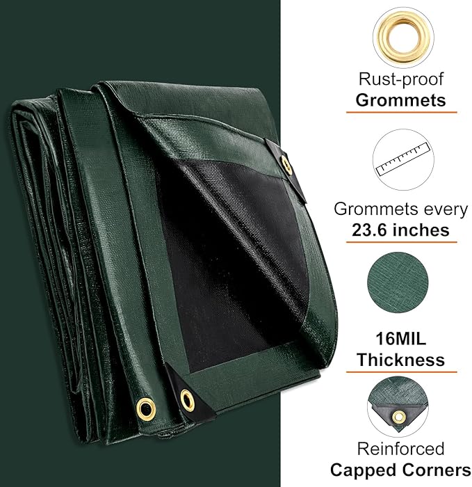 Tarp 10x10 Feet 16 Mil Waterproof Tarps Heavy Duty with Brass Grommets Thick Plastic Tarp UV Resistant Tear&ampFade Resistant Reinforced Edges for Outdoor Pool Car Camp Tent