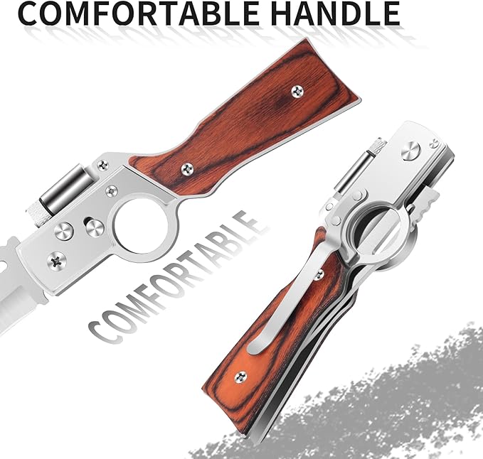 AK47 Style Tactical Folding Knife 4-Pack – Bulk Set with LED Light Wood Handle Laser Engraving Ready Groomsmen Gifts for Men Outdoor Camping Hiking Gear (4)