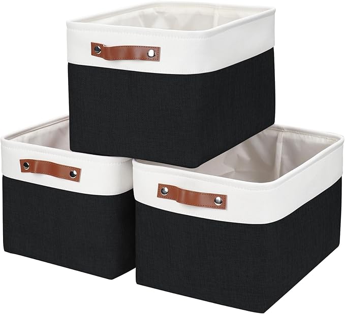 Storage Bins Large Fabric Storage Baskets for Shelves 3 Pack Decorative Linen Closet Baskets with Handles for Organizing Shelf Clothes Home Office 15x11x9.5Inches (Black&ampWhite)