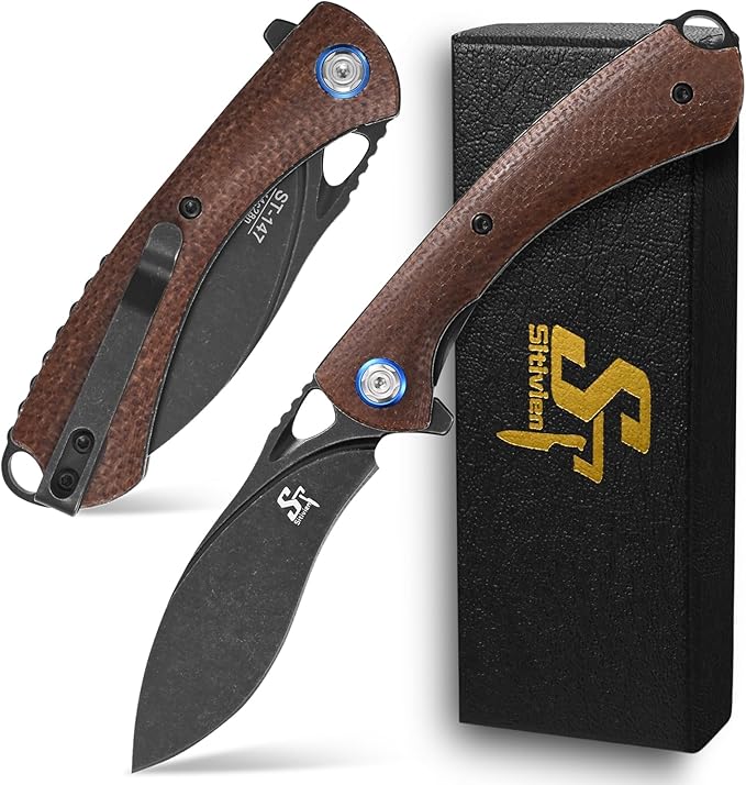 Sitivien ST147 Folding Pocket KnifeBlack Stonewashed 14C28N Steel Blade with Micarta Handle Utility Knife EDC Tool Knife for Outdoor CampingHikingHunting(Brown)