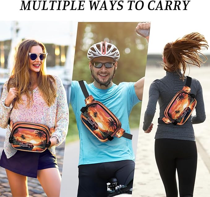 Sunset Coconut Island Tree Car Coconut Waterproof Fanny Pack for Women Men Adjustable Waist Bag with Double Zipper Pockets Lightweight Square Hip Pack for Running Travel Hiking Workout Cycling