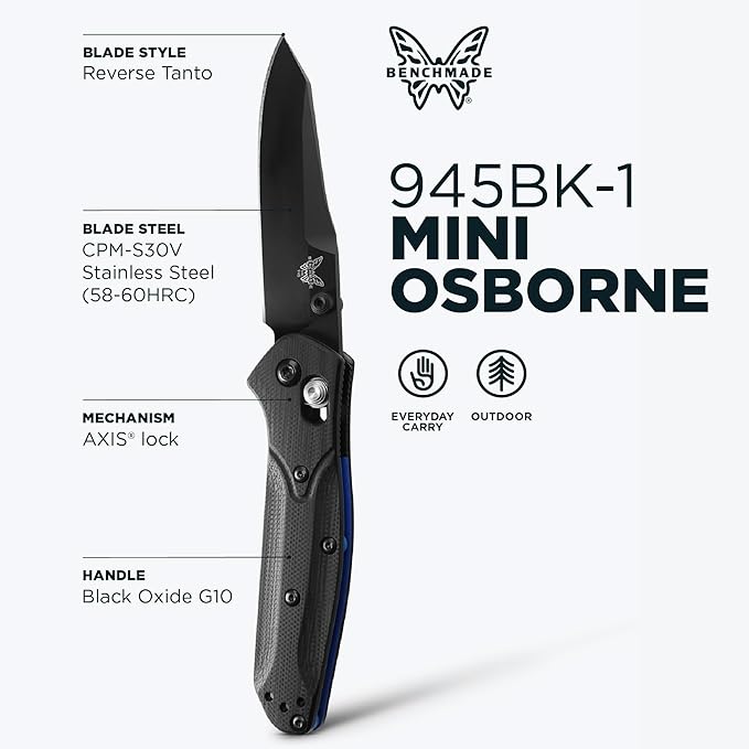 Benchmade - Mini Osborne Every Day Outdoor Folding Knife Reverse Tanto Blade with Black G10 Handle (945BK-1)