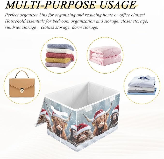 Storage Cube with Lid Christmas Cow Monkey Print 16.5×12.6×11.8 IN Collapsible Large Capacity Foldable Storage Basket Bin Organizer