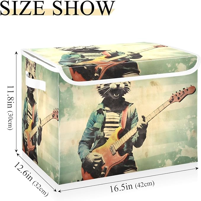 Storage Cube with Lid Cat Playing Guitar Print 16.5×12.6×11.8 IN 1 Pack Collapsible Large Capacity Foldable Storage Basket Bin Organizer