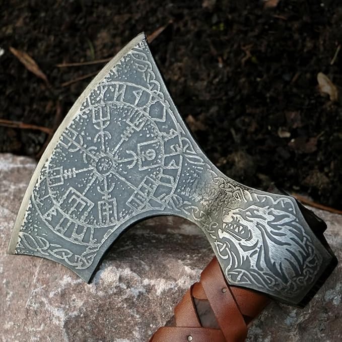 SHINY CRAFTS® Handcrafted Viking Axe – Engraved Nordic Blade with Wooden Handle Unique Gift for Men Collectors Cosplay and Medieval Decor (Brown-VBA-12)