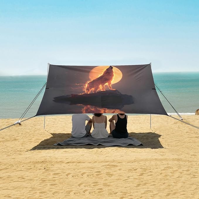 ALAZA Wolf Howling Moon Beach Tent Sun Shelter UPF50+ Protection Beach Shade Canopy w/ 4 Sandbags for Outdoor Camping Fishing Backyard Fun Picnic 10x9 ft